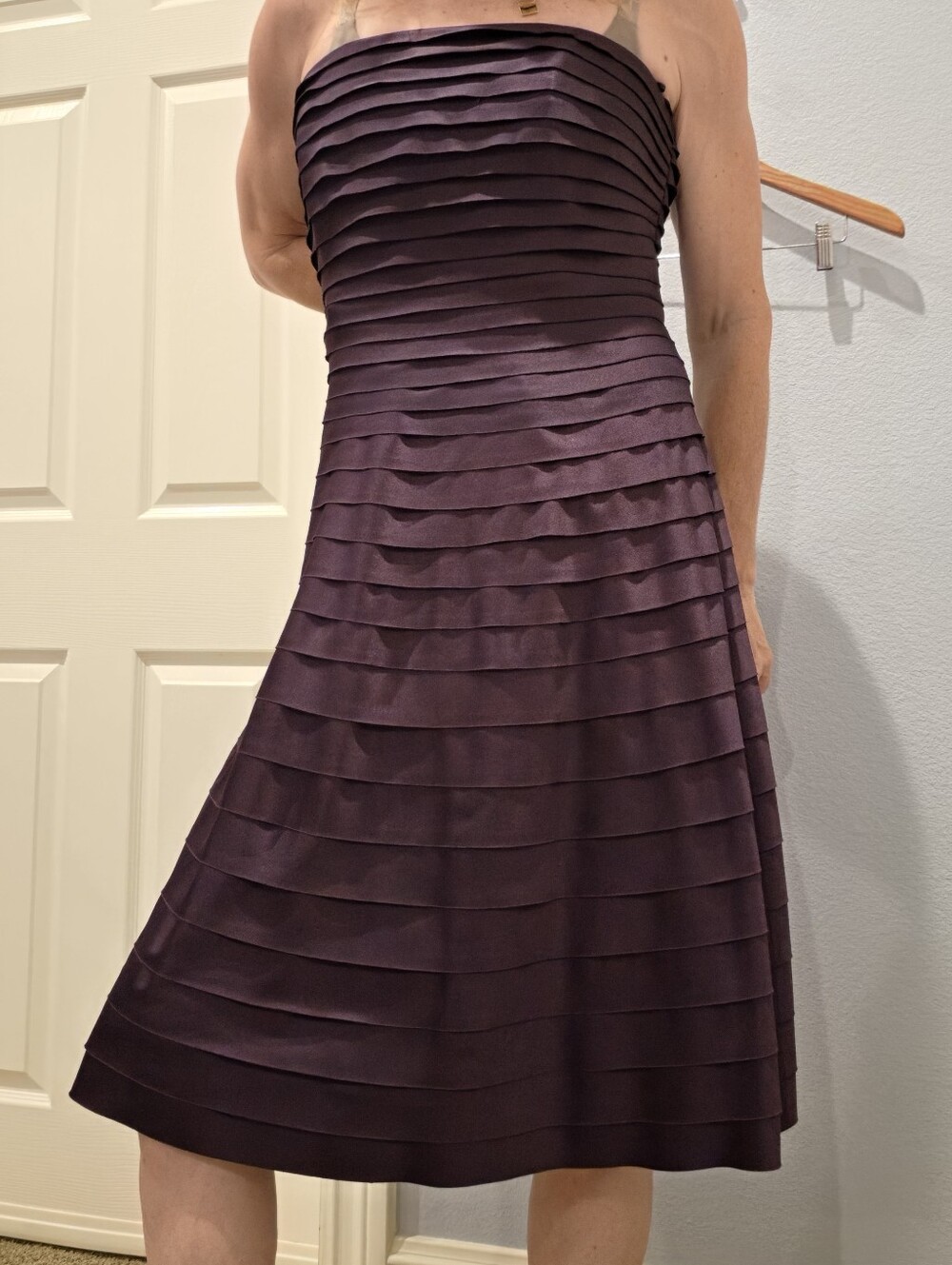 JS Collections Strapless Layered Pleat Cocktail Dress in Plum